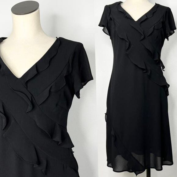 Vintage 90s Black Ruffle V-Neck Short Sleeve Chiffon Dress Gothic Robbie Bee - Picture 1 of 5